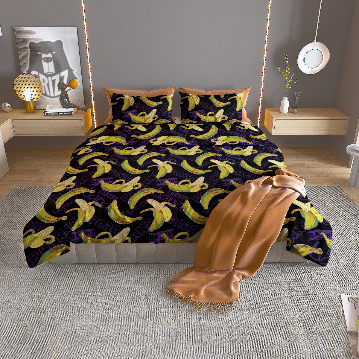 Banana Color Vintage Purple Print Pattern Duvet Cover Bedding Set