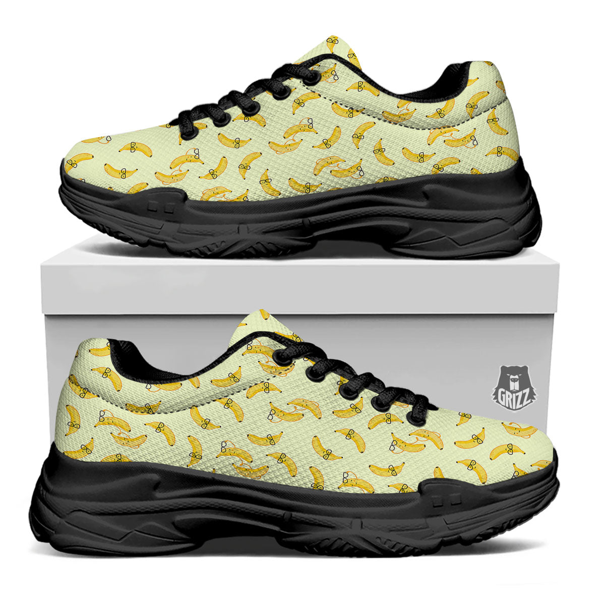 Banana Cute Print Pattern Black Chunky Shoes-grizzshop