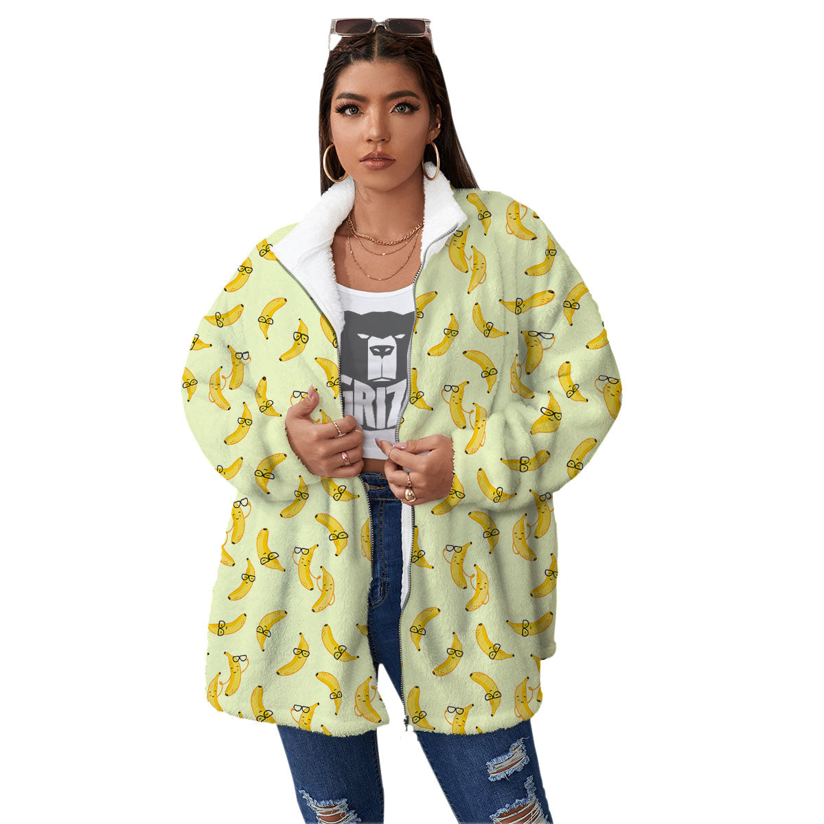 Banana Cute Print Pattern Women's Sherpa Jacket-grizzshop