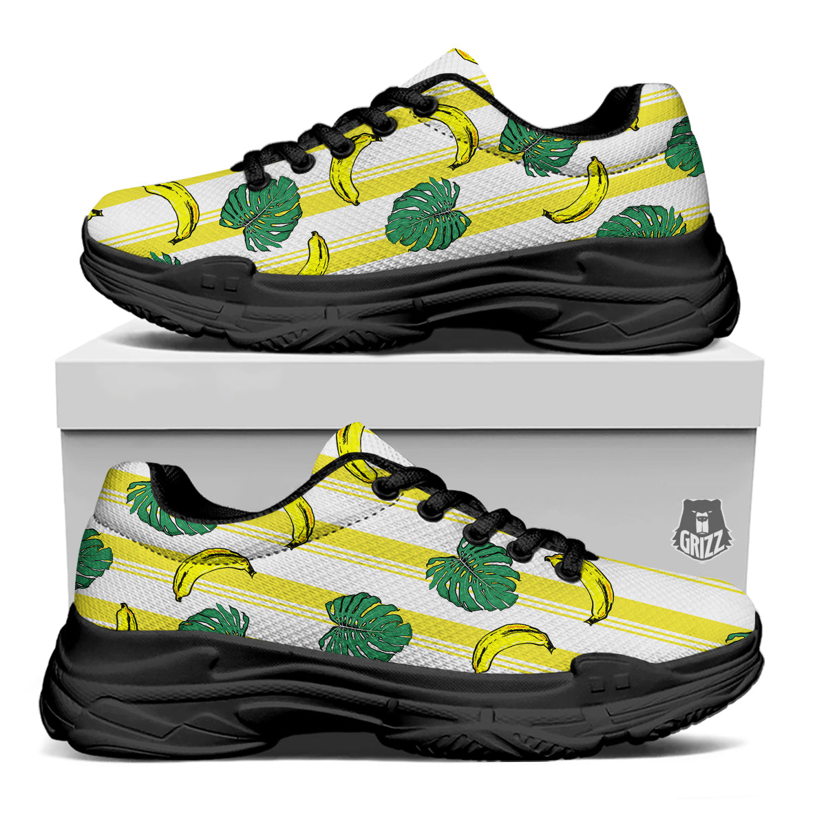 Banana Geometric Yellow Print Pattern Black Chunky Shoes-grizzshop