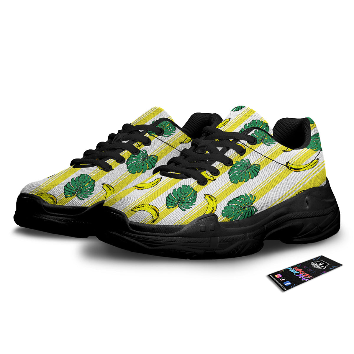 Banana Geometric Yellow Print Pattern Black Chunky Shoes-grizzshop