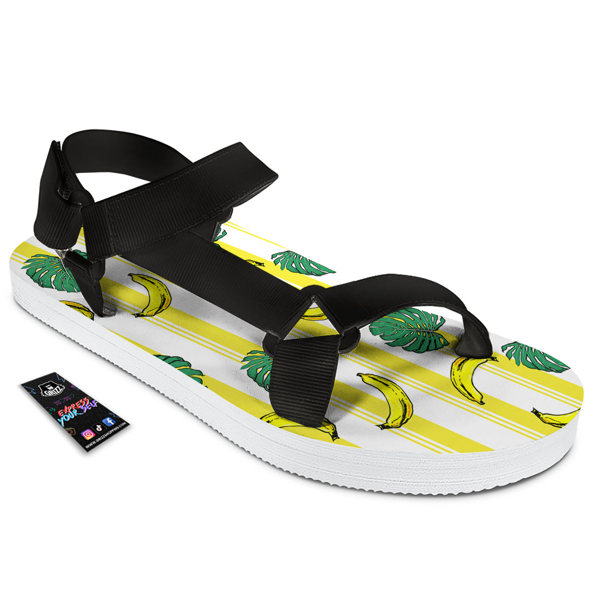 Banana Geometric Yellow Print Pattern Black Open Toe Sandals-grizzshop