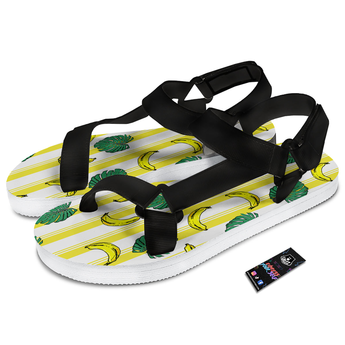 Banana Geometric Yellow Print Pattern Black Open Toe Sandals-grizzshop