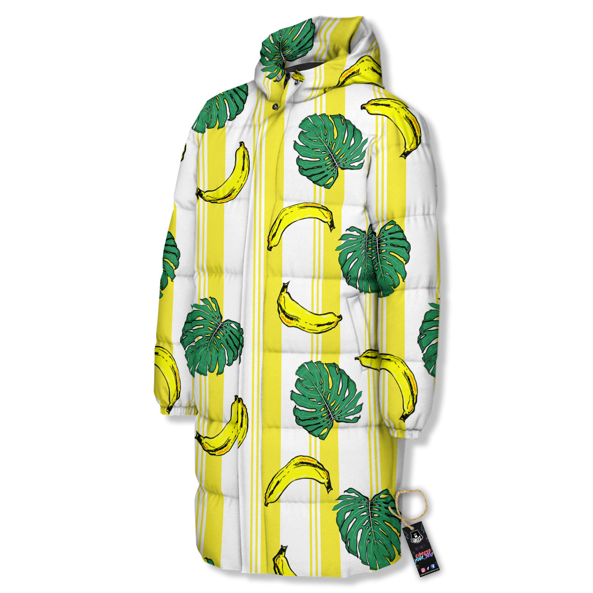 Banana Geometric Yellow Print Pattern Long Down Jacket-grizzshop