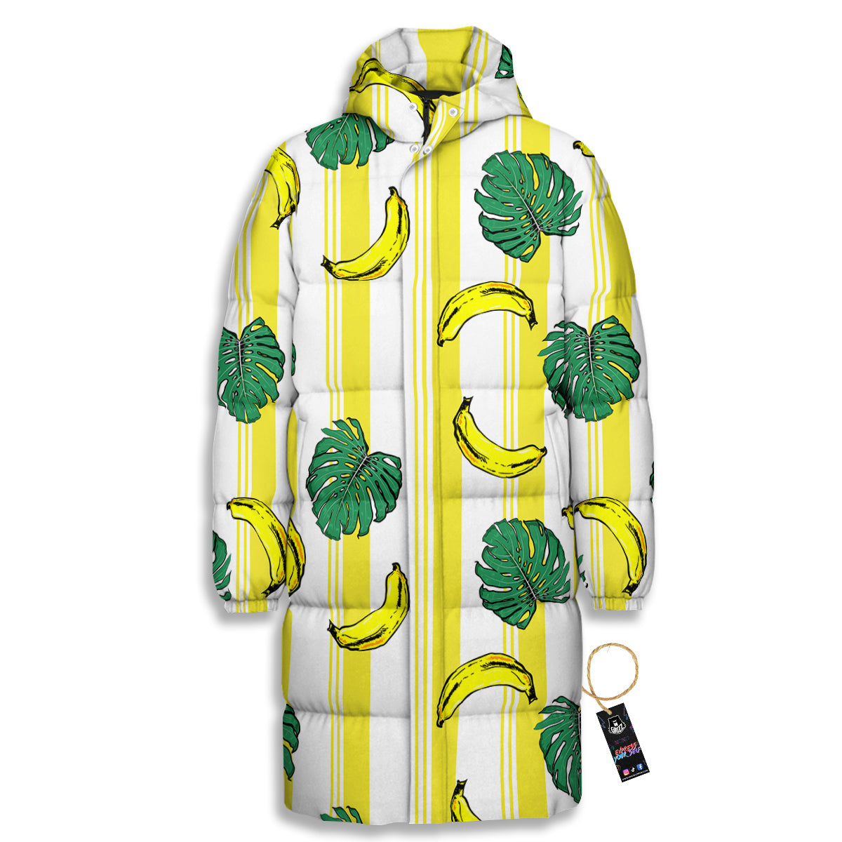 Banana Geometric Yellow Print Pattern Long Down Jacket-grizzshop