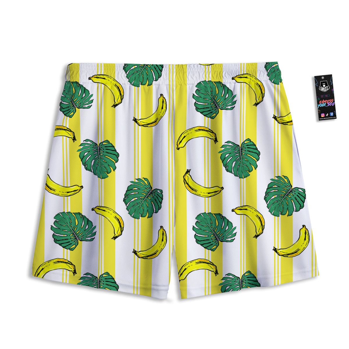 Banana Geometric Yellow Print Pattern Mesh Shorts