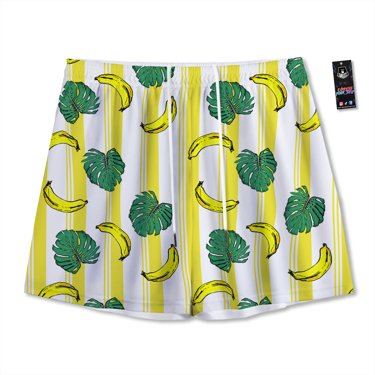 Banana Geometric Yellow Print Pattern Mesh Shorts