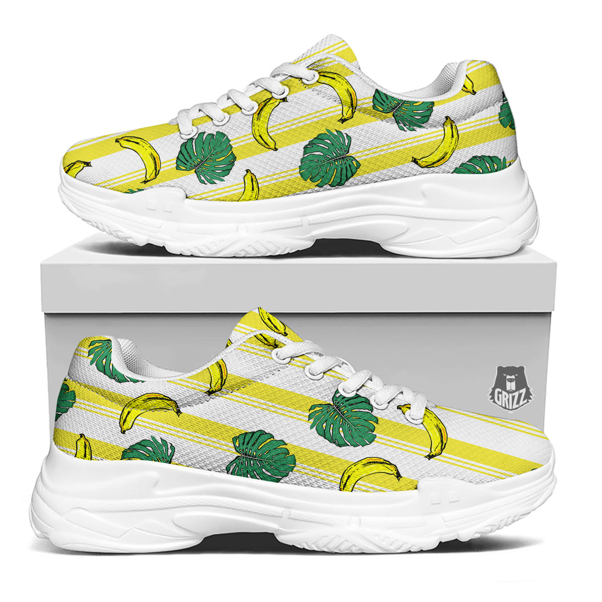 Banana Geometric Yellow Print Pattern White Chunky Shoes-grizzshop