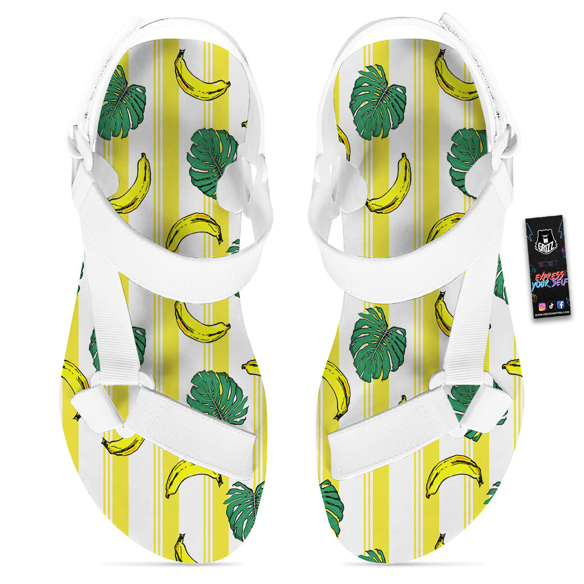 Banana Geometric Yellow Print Pattern White Open Toe Sandals-grizzshop