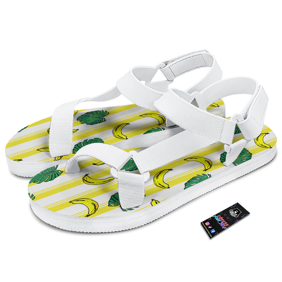 Banana Geometric Yellow Print Pattern White Open Toe Sandals-grizzshop
