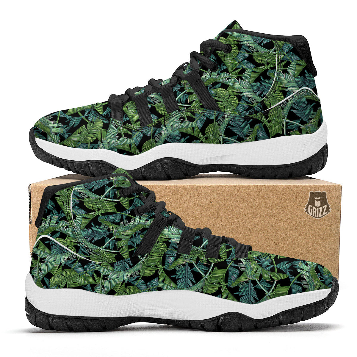 Banana Leaf Print Pattern Black Bball Shoes-grizzshop