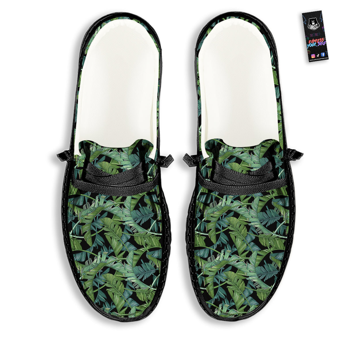 Banana Leaf Print Pattern Black Loafers-grizzshop