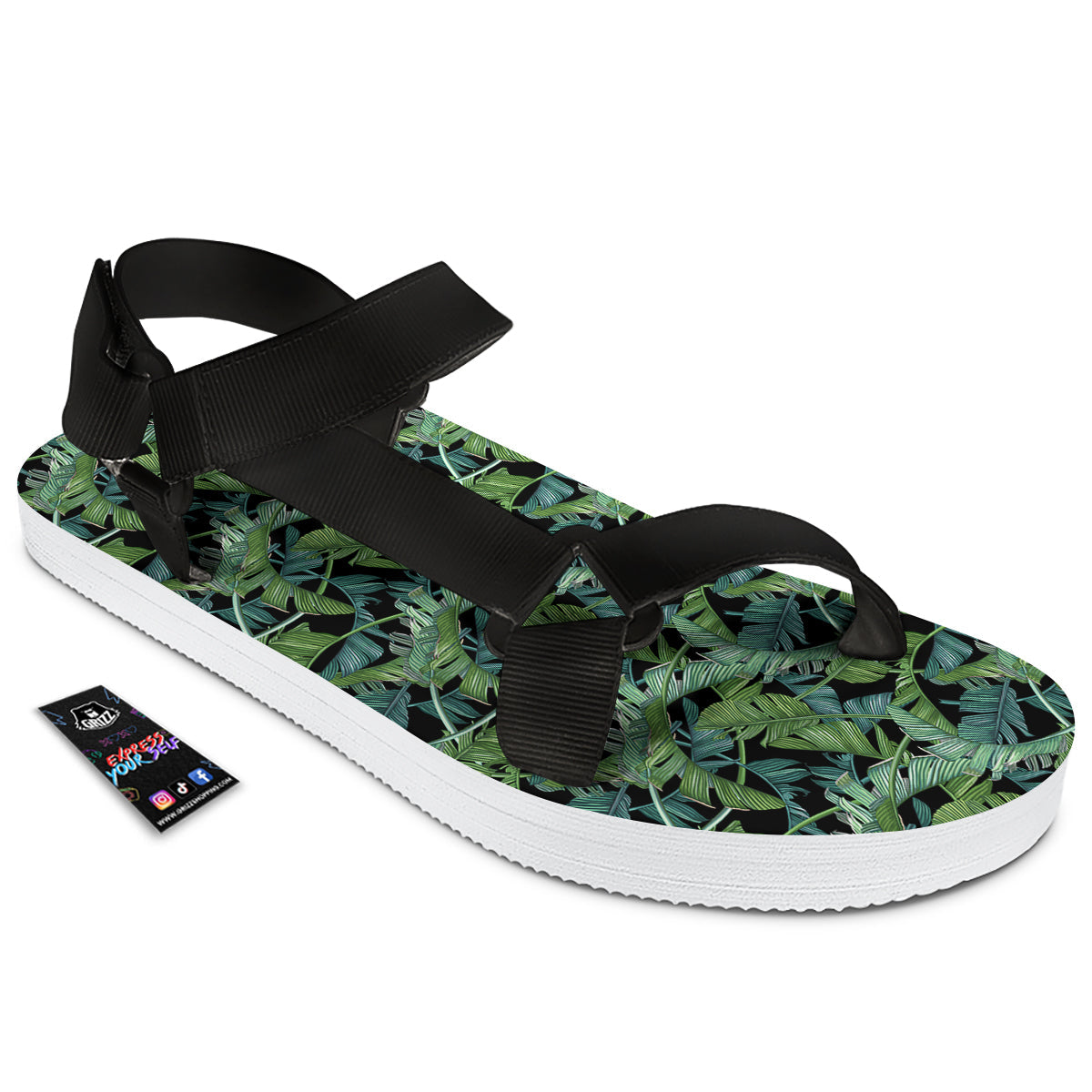 Banana Leaf Print Pattern Black Open Toe Sandals-grizzshop