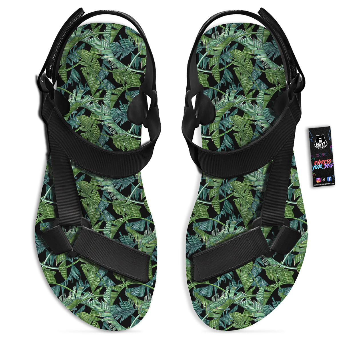 Banana Leaf Print Pattern Black Open Toe Sandals-grizzshop