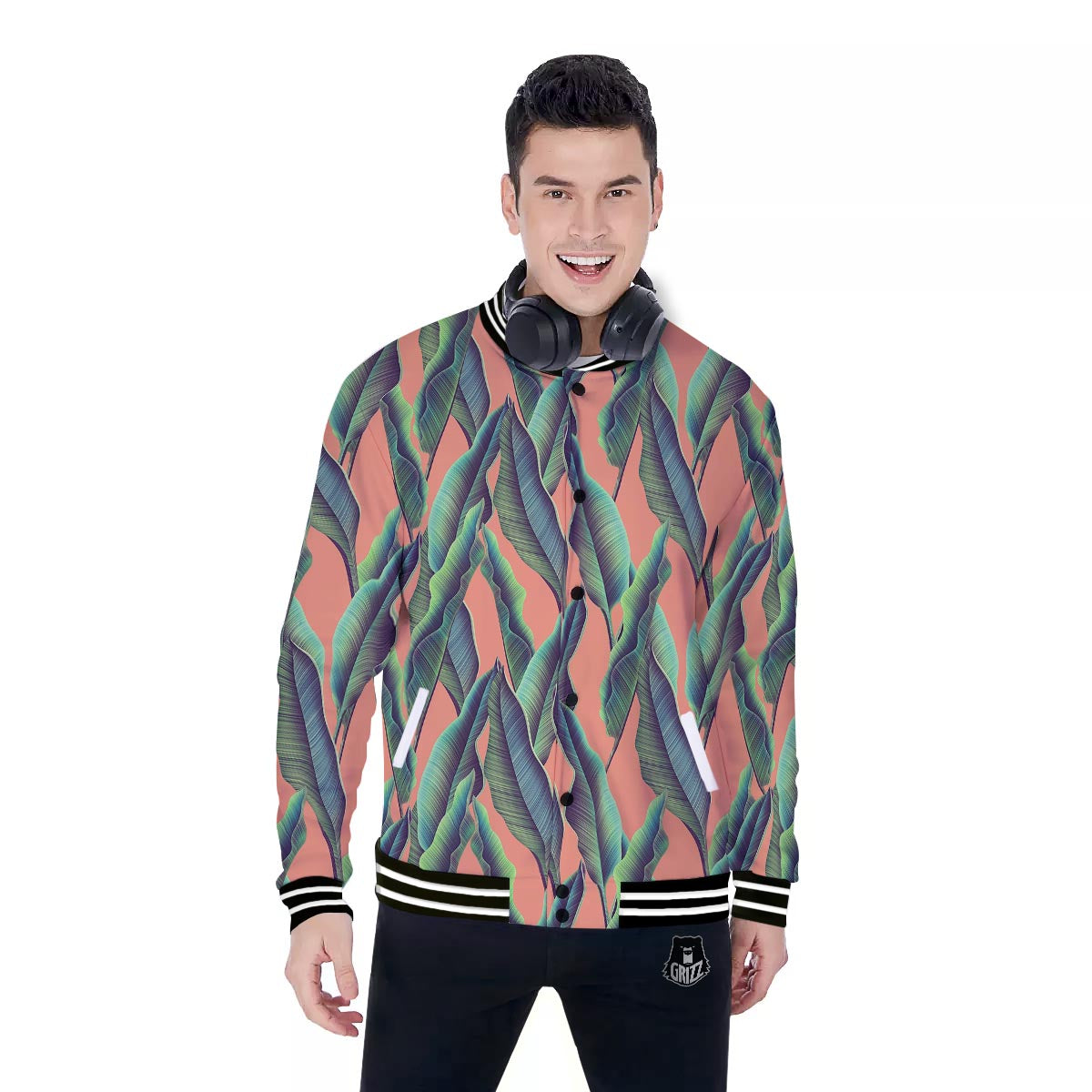 Banana Leaf Tropical Print Pattern Baseball Jacket-grizzshop
