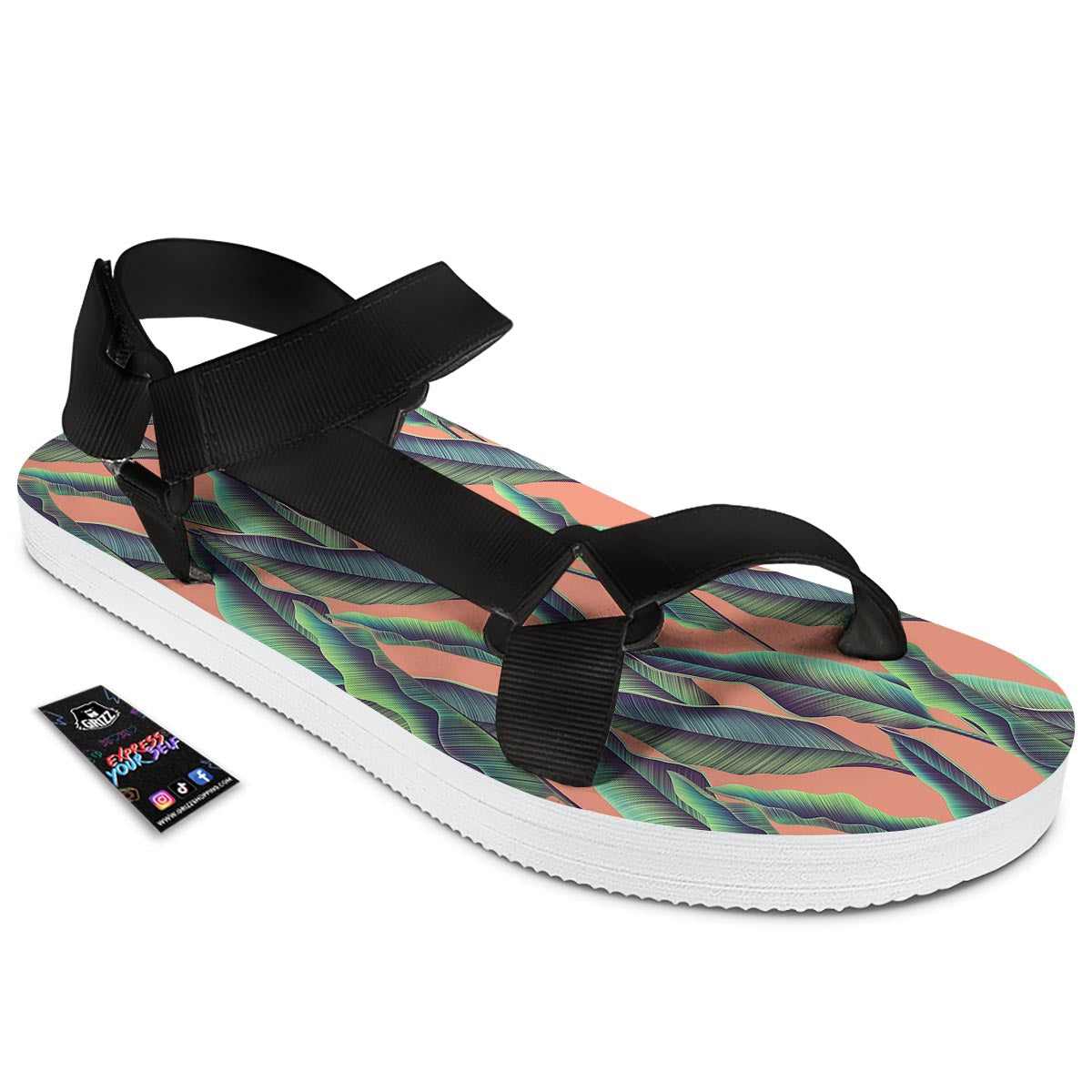 Banana Leaf Tropical Print Pattern Black Open Toe Sandals-grizzshop