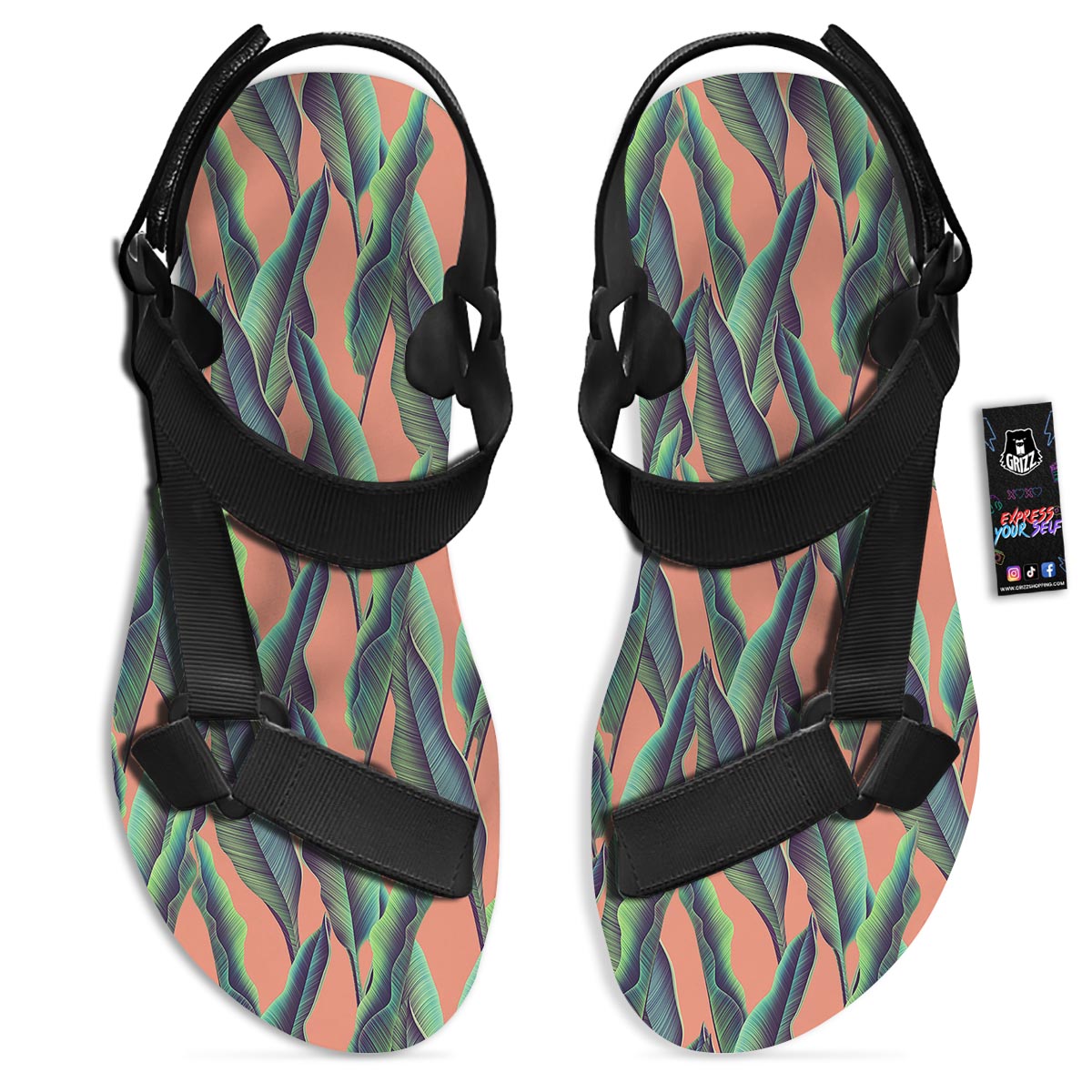 Banana Leaf Tropical Print Pattern Black Open Toe Sandals-grizzshop