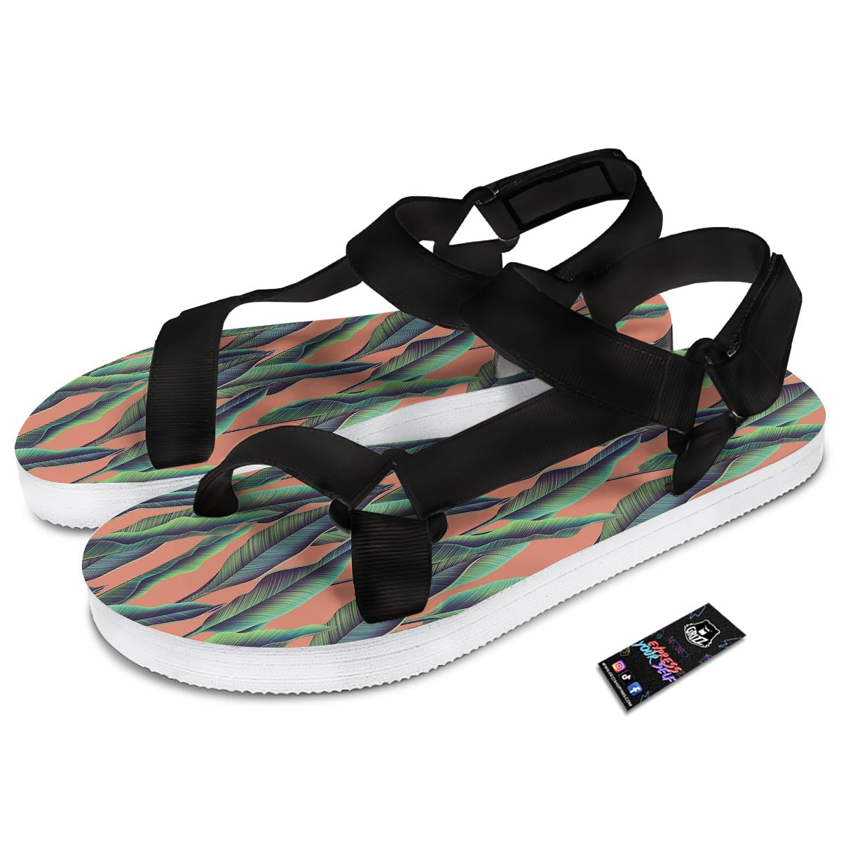 Banana Leaf Tropical Print Pattern Black Open Toe Sandals-grizzshop