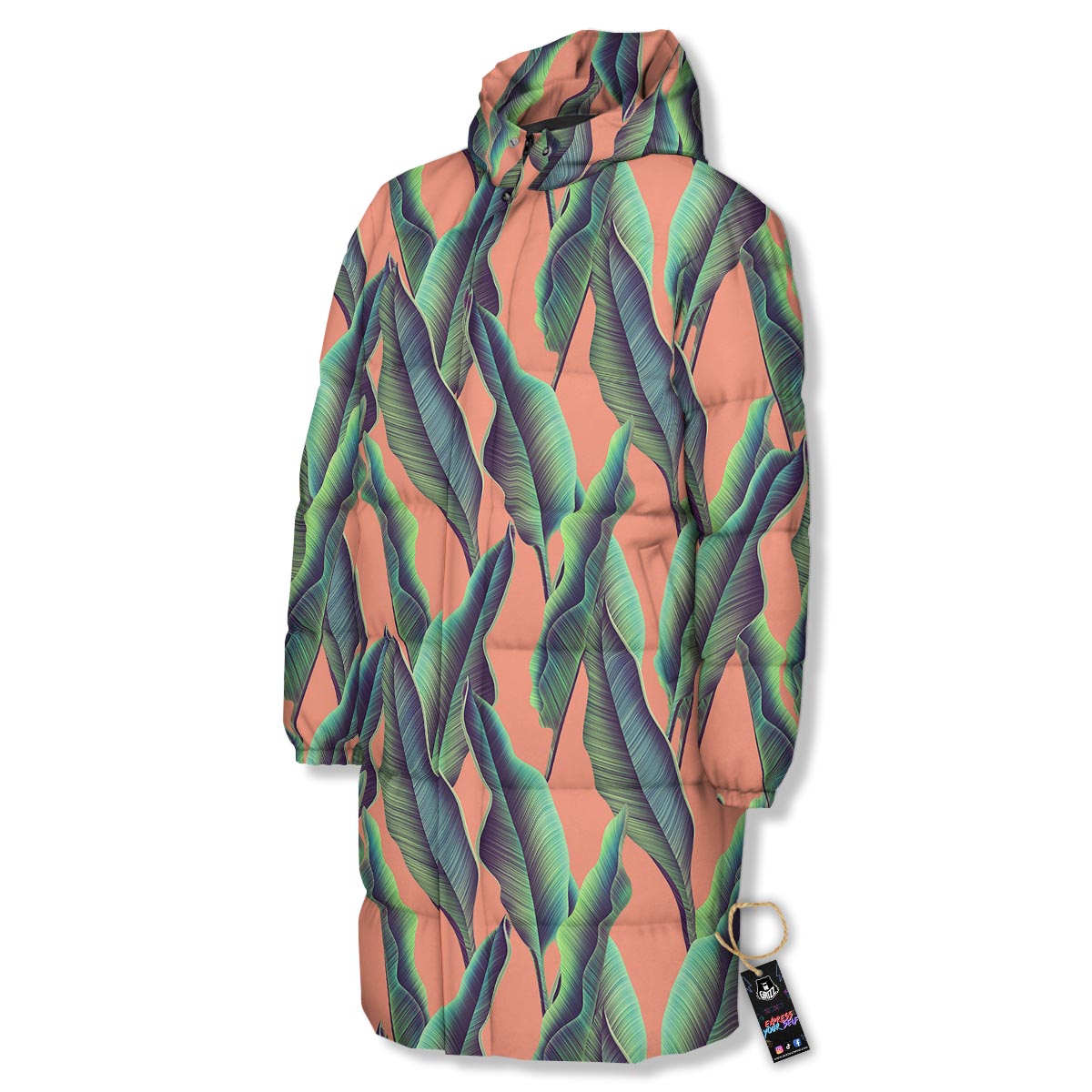 Banana Leaf Tropical Print Pattern Long Down Jacket-grizzshop