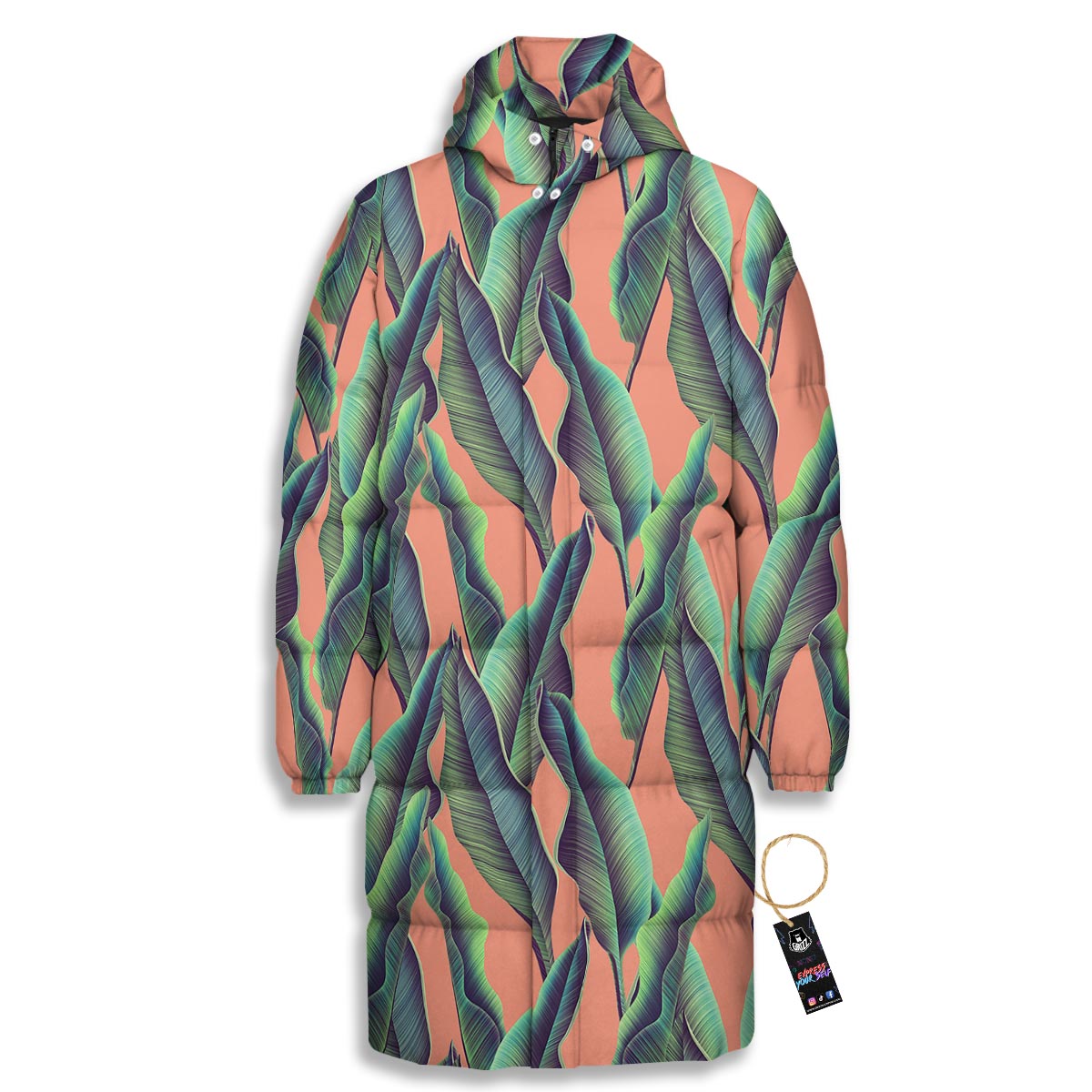 Banana Leaf Tropical Print Pattern Long Down Jacket-grizzshop