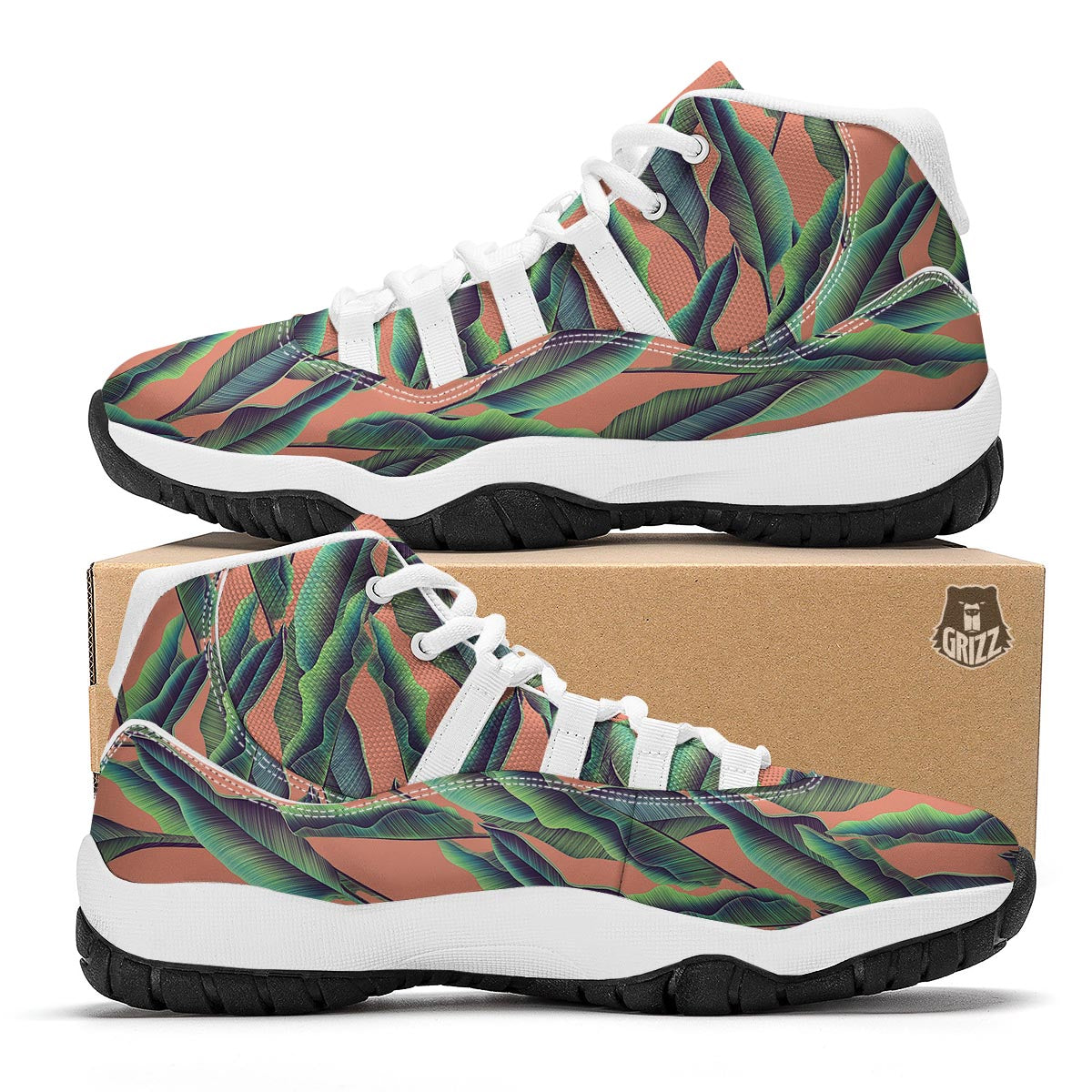 Banana Leaf Tropical Print Pattern White Bball Shoes-grizzshop