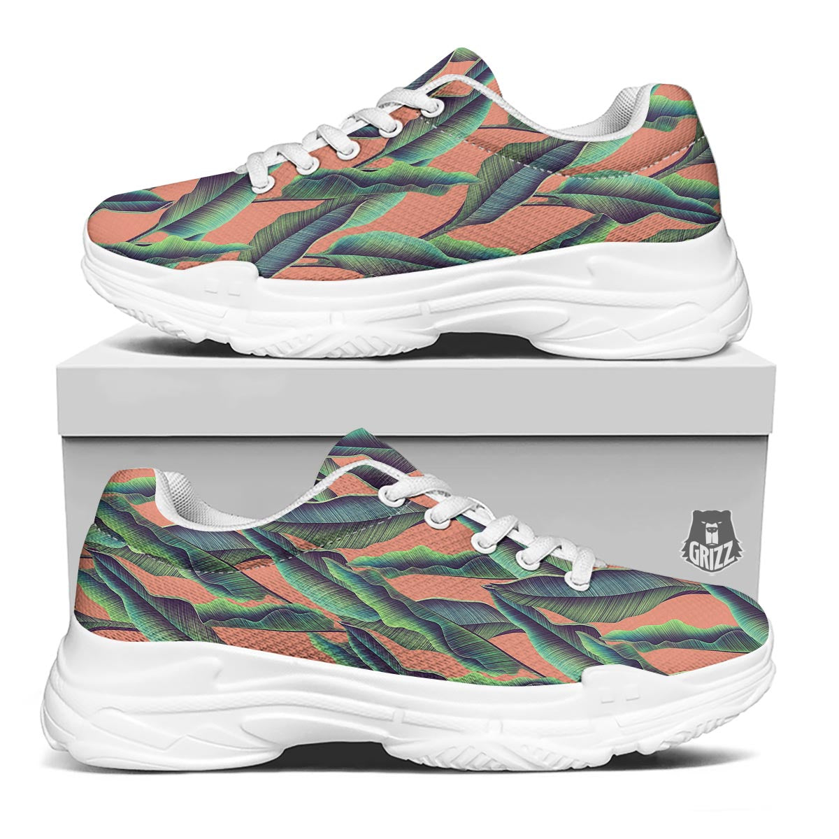 Banana Leaf Tropical Print Pattern White Chunky Shoes-grizzshop