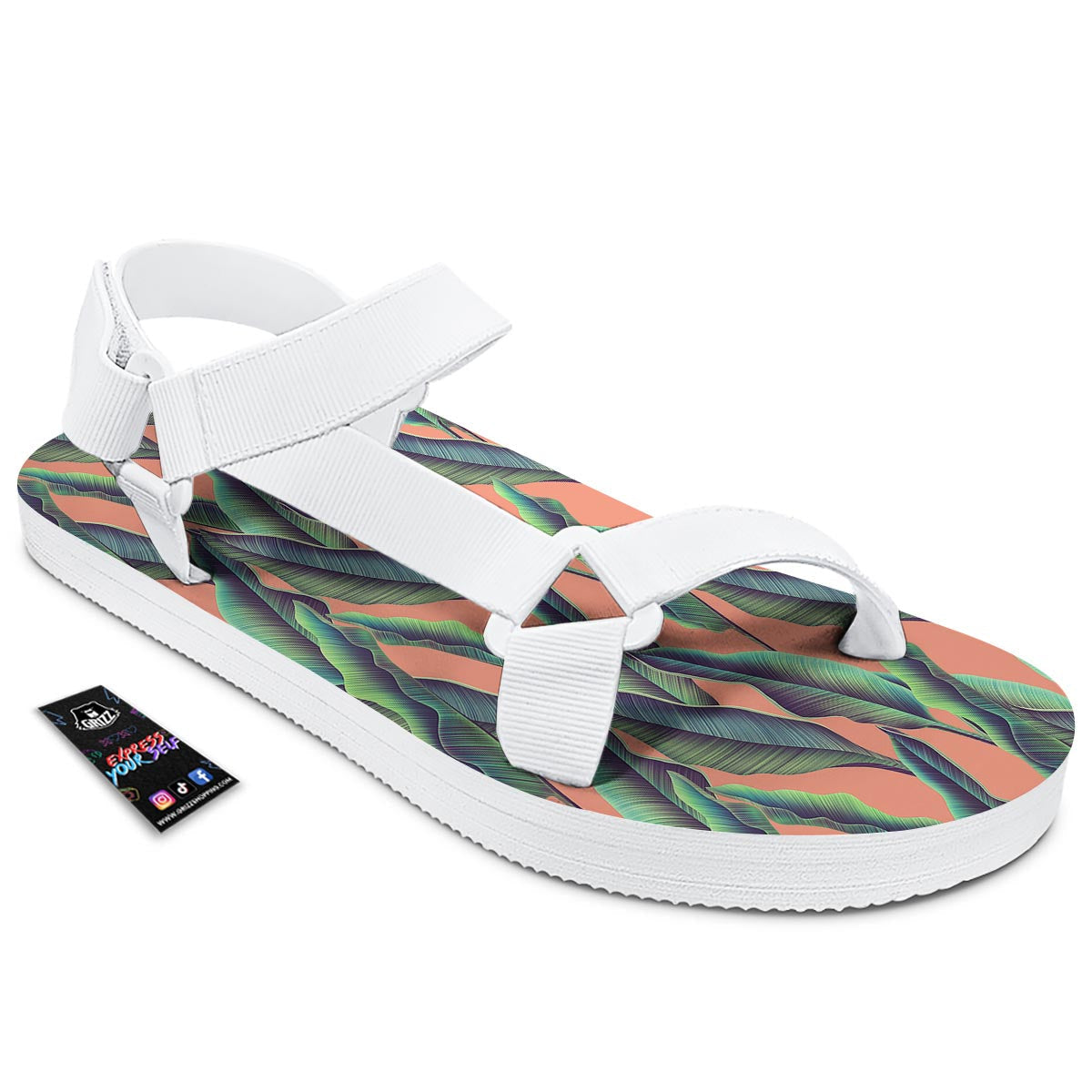 Banana Leaf Tropical Print Pattern White Open Toe Sandals-grizzshop