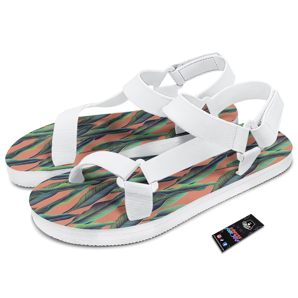 Banana Leaf Tropical Print Pattern White Open Toe Sandals-grizzshop