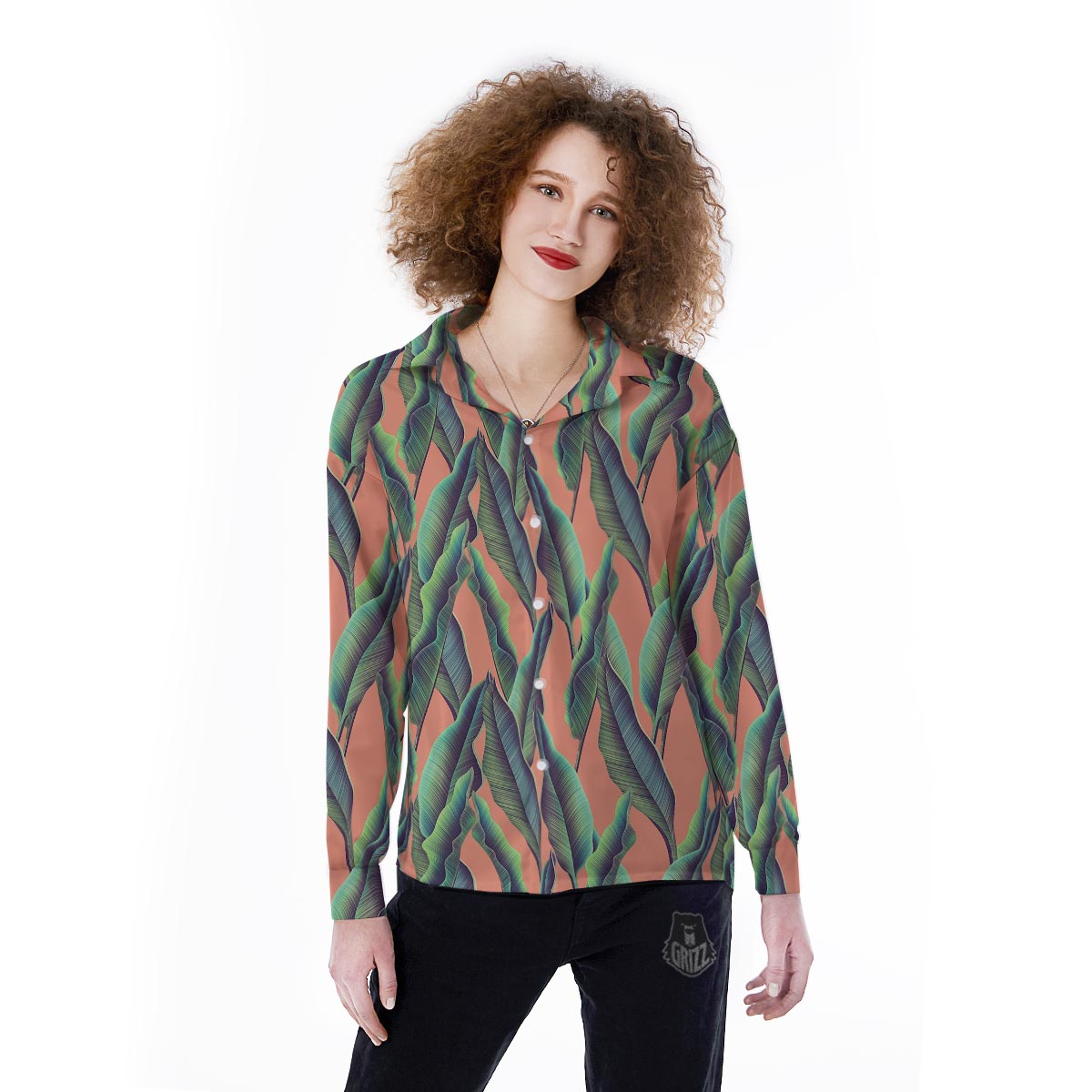 Banana Leaf Tropical Print Pattern Women's Long Sleeve Shirts-grizzshop
