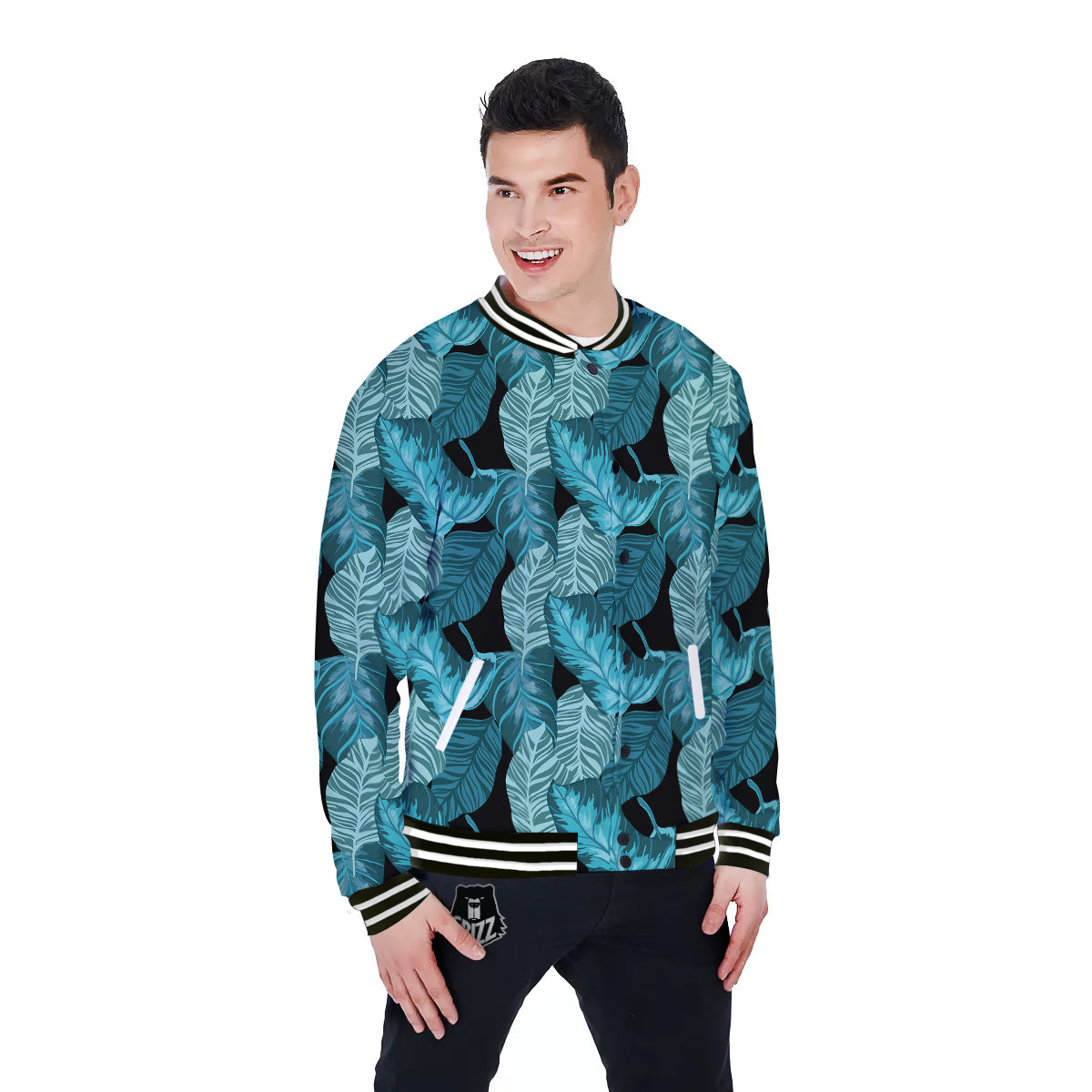Banana Leaf Turquoise Print Pattern Baseball Jacket-grizzshop
