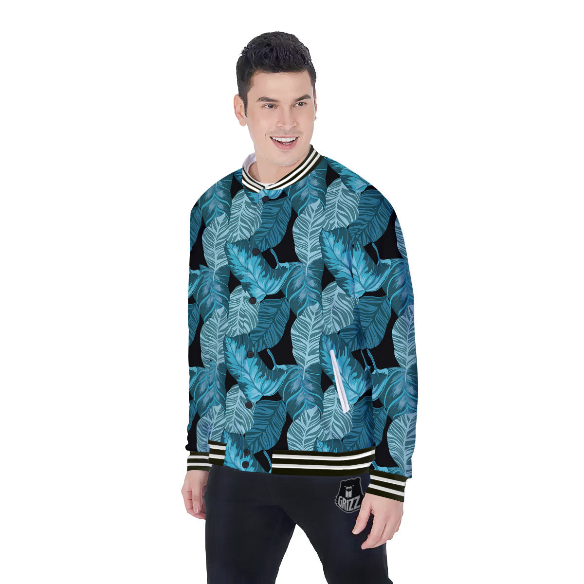 Banana Leaf Turquoise Print Pattern Baseball Jacket-grizzshop