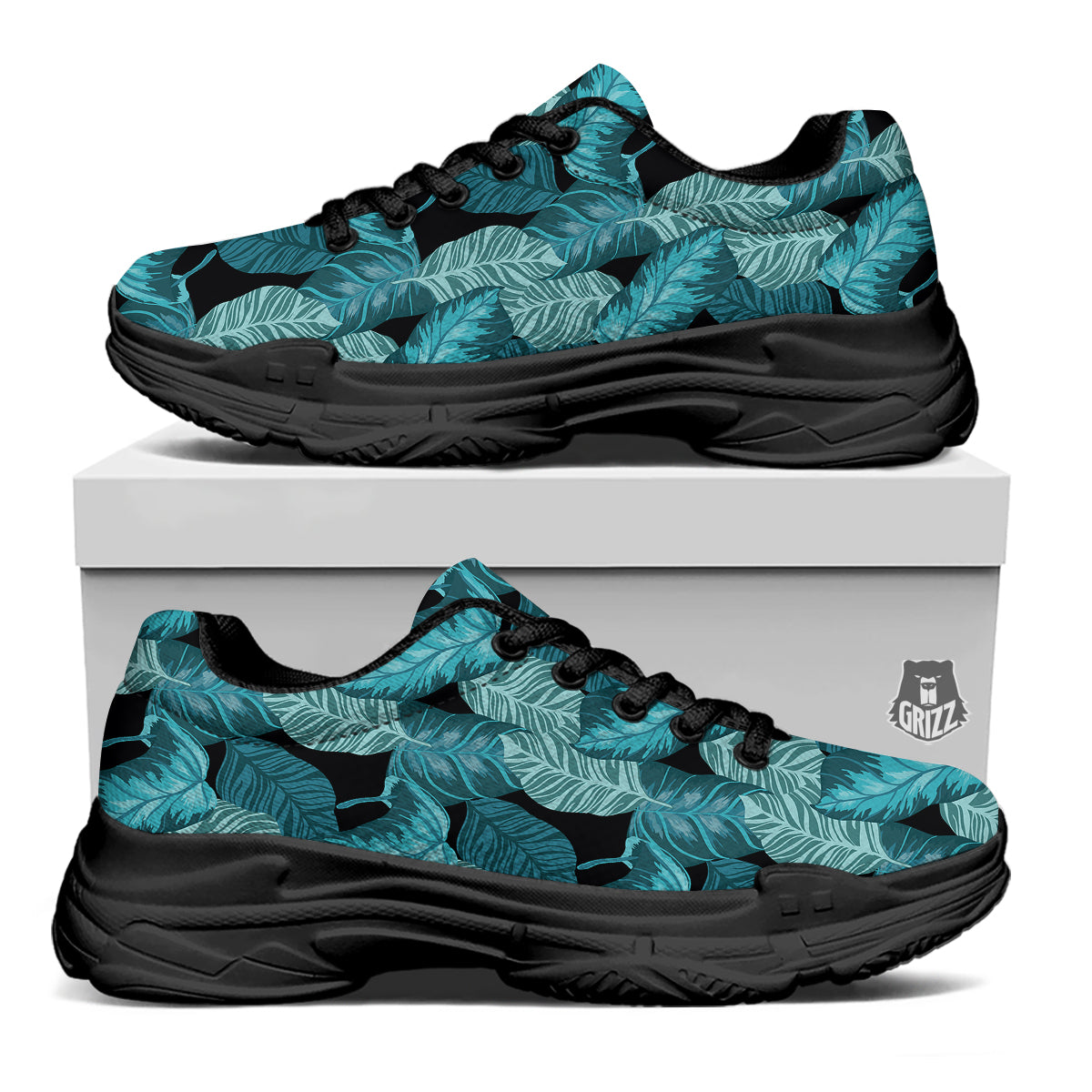 Banana Leaf Turquoise Print Pattern Black Chunky Shoes-grizzshop