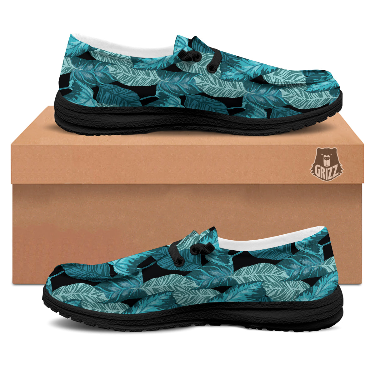 Banana Leaf Turquoise Print Pattern Black Loafers-grizzshop