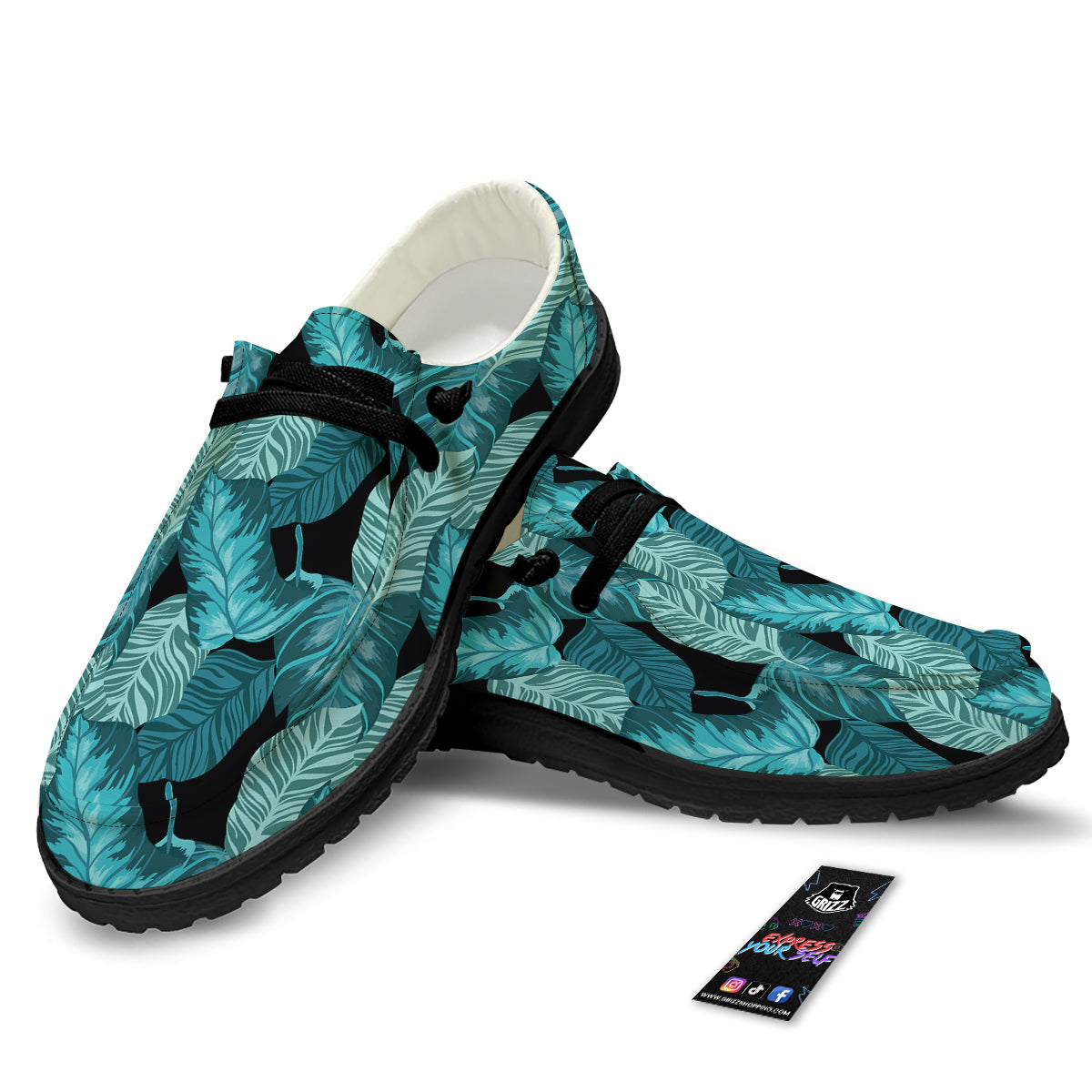 Banana Leaf Turquoise Print Pattern Black Loafers-grizzshop