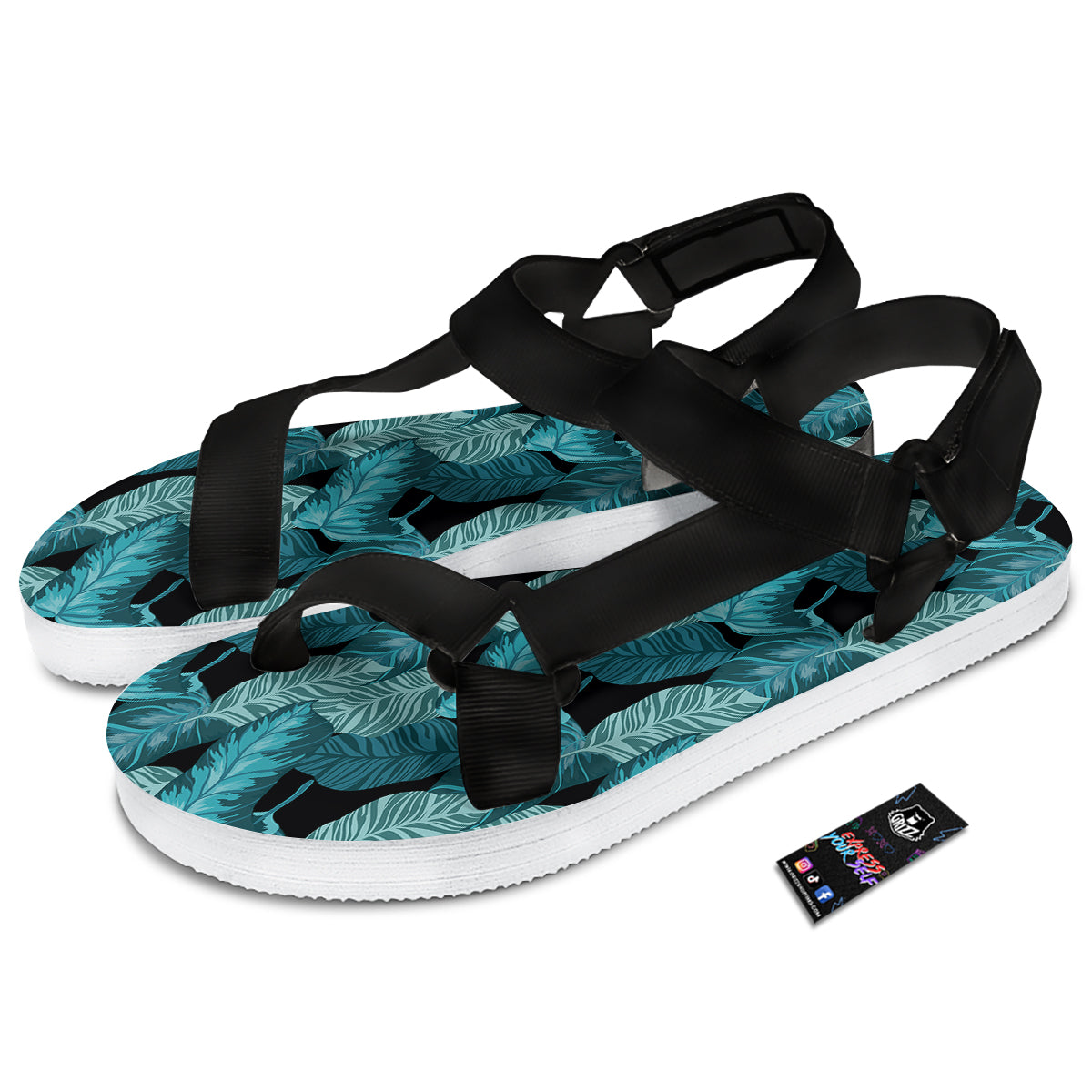 Banana Leaf Turquoise Print Pattern Black Open Toe Sandals-grizzshop