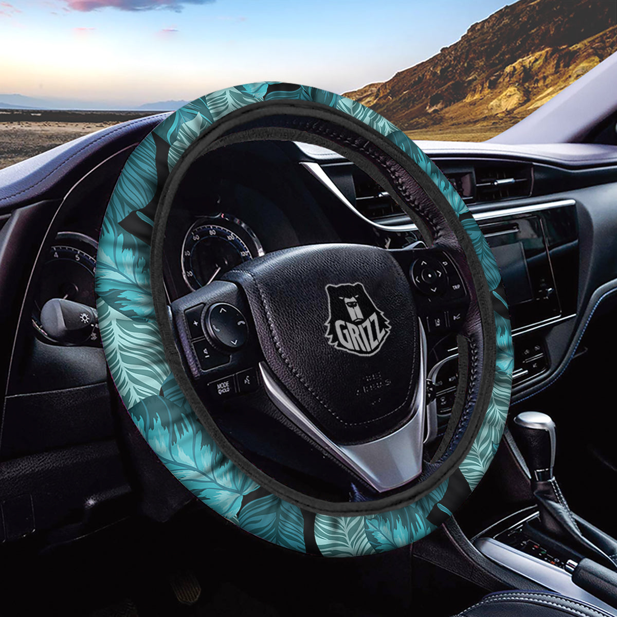 Banana Leaf Turquoise Print Pattern Car Steering Wheel Cover-grizzshop