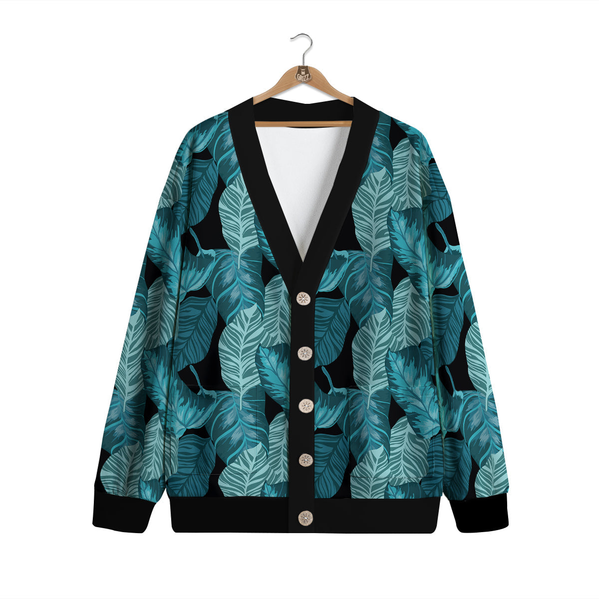 Banana Leaf Turquoise Print Pattern Cardigan-grizzshop
