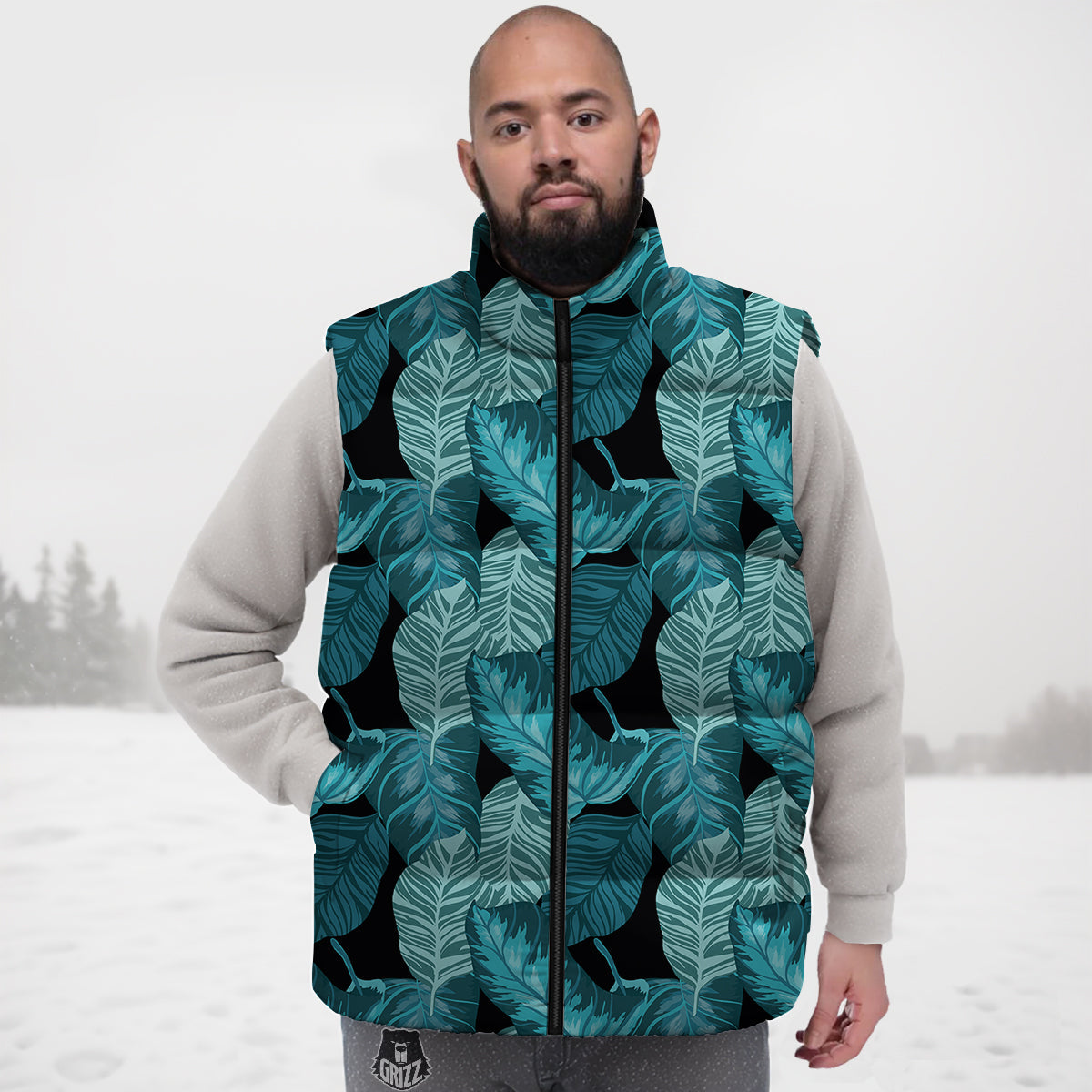 Banana Leaf Turquoise Print Pattern Down Vest