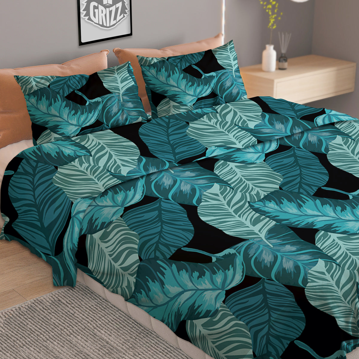 Banana Leaf Turquoise Print Pattern Duvet Cover Bedding Set