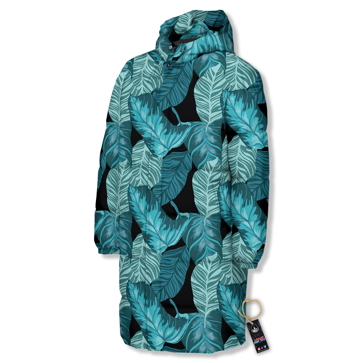 Banana Leaf Turquoise Print Pattern Long Down Jacket-grizzshop