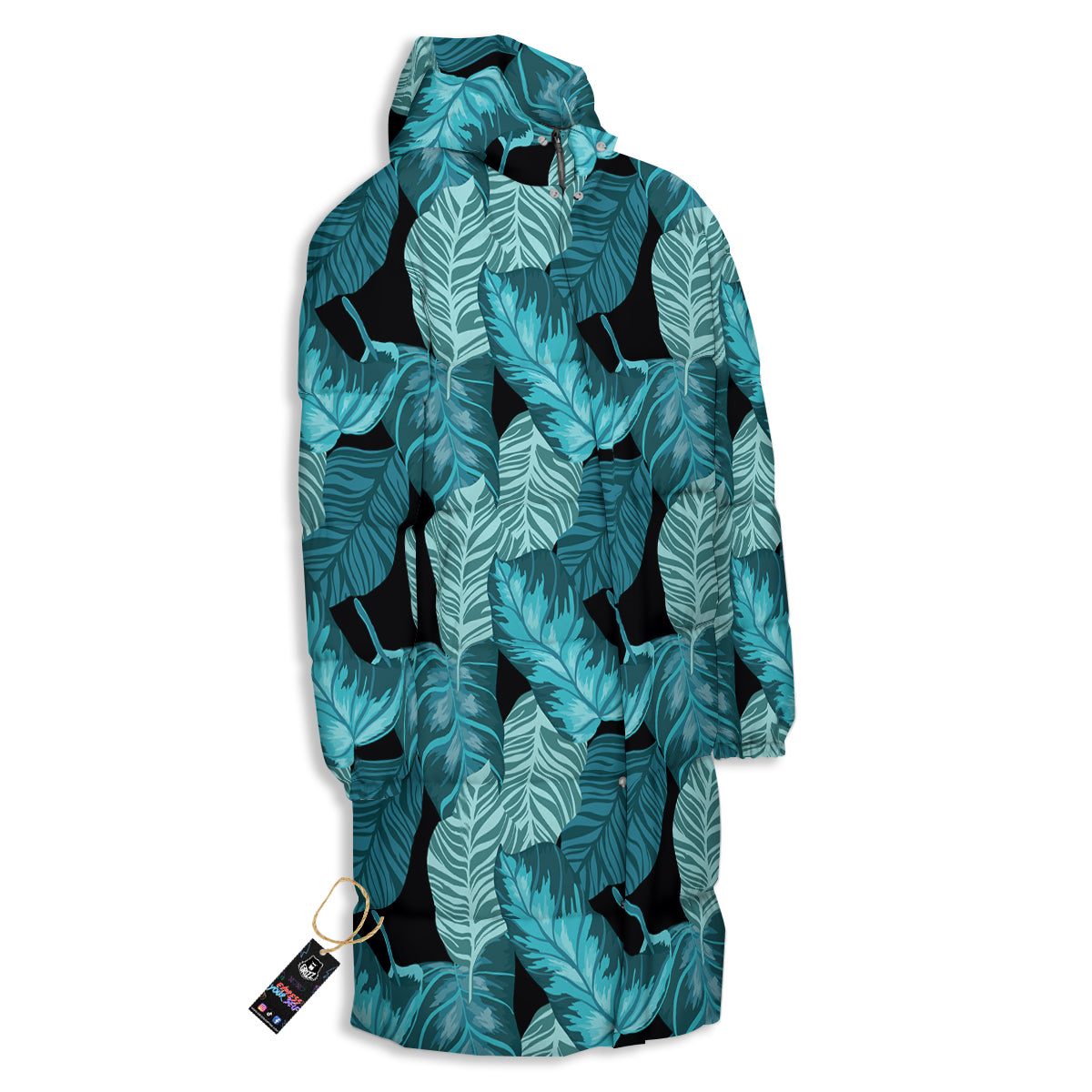 Banana Leaf Turquoise Print Pattern Long Down Jacket-grizzshop