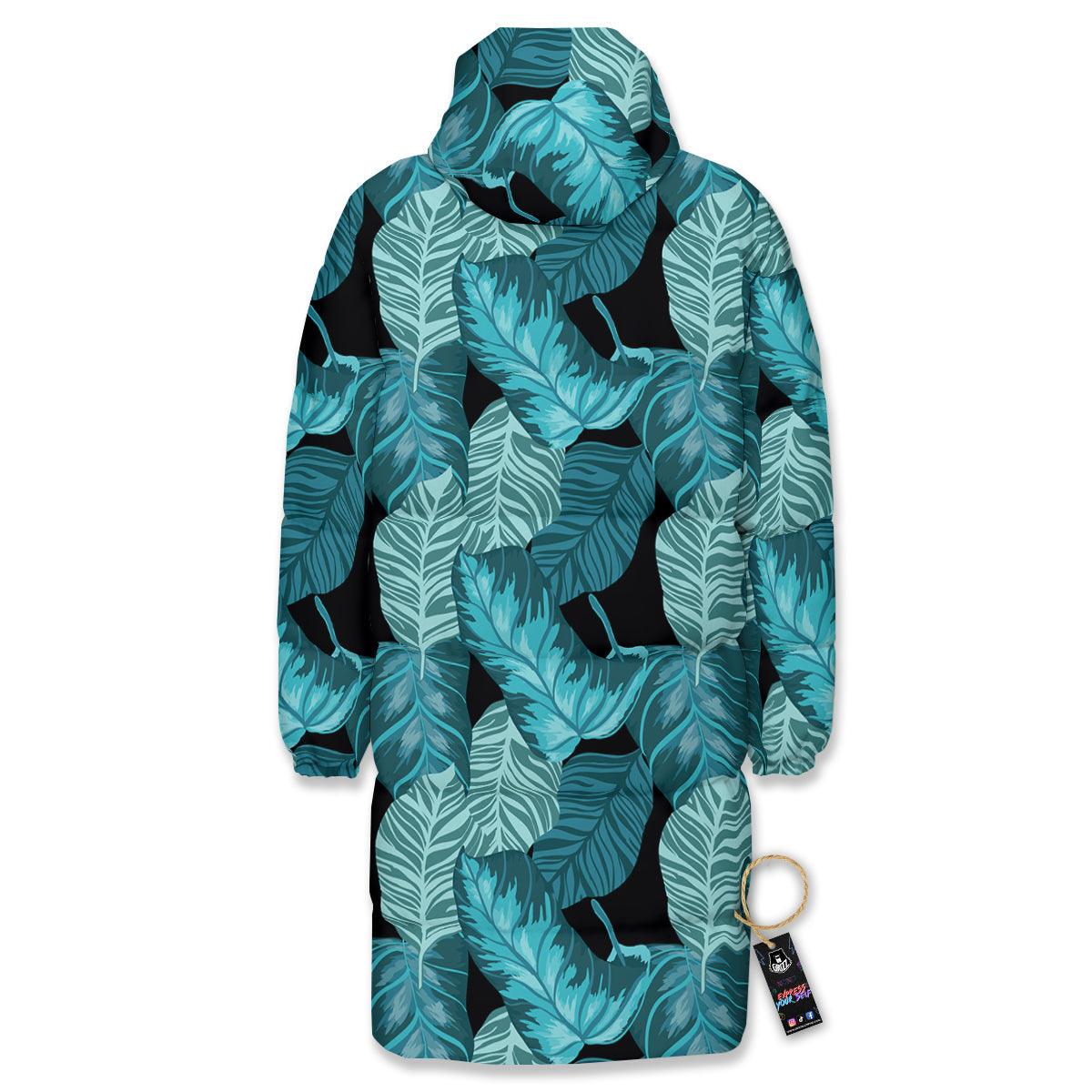 Banana Leaf Turquoise Print Pattern Long Down Jacket-grizzshop