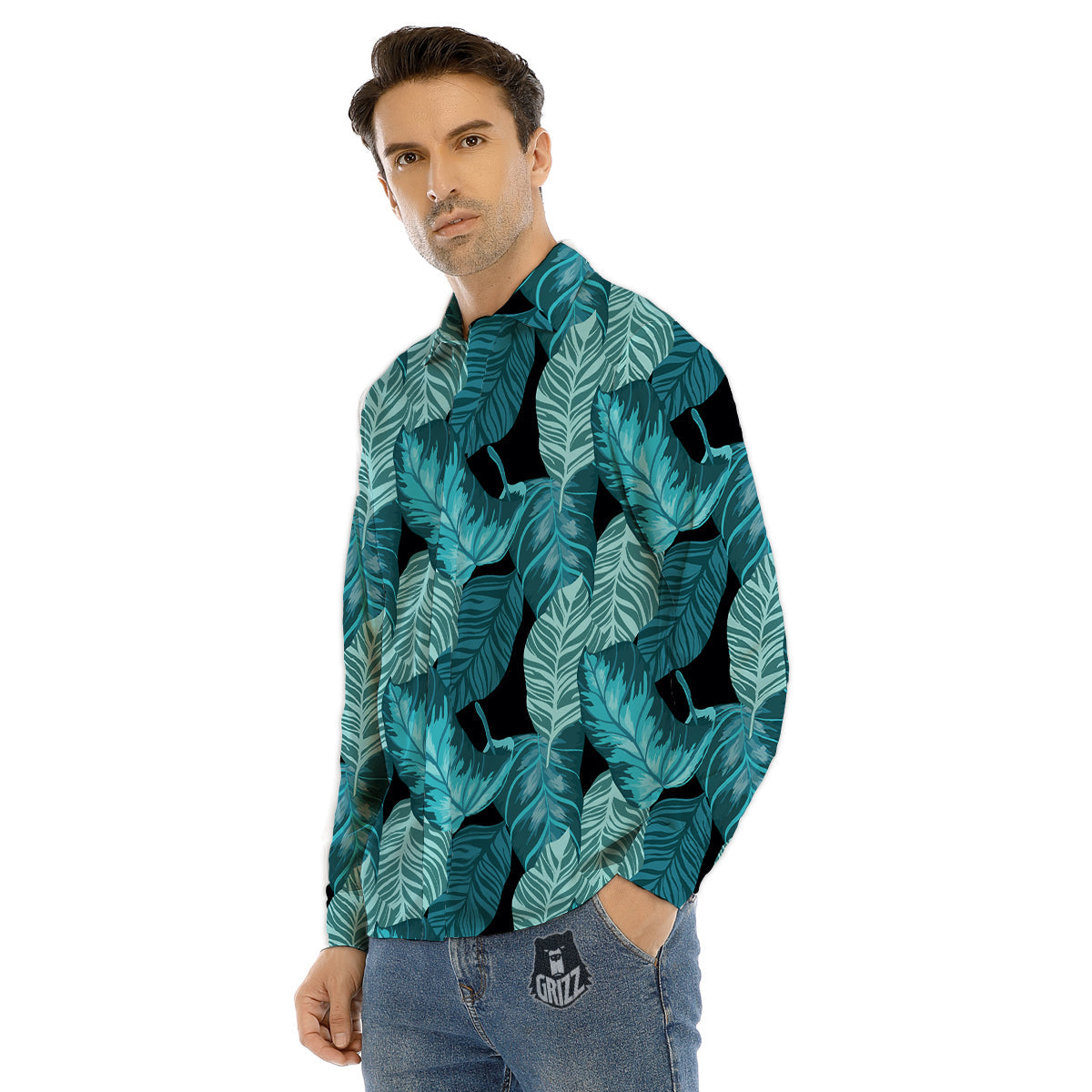 Banana Leaf Turquoise Print Pattern Men's Dress Shirts-grizzshop