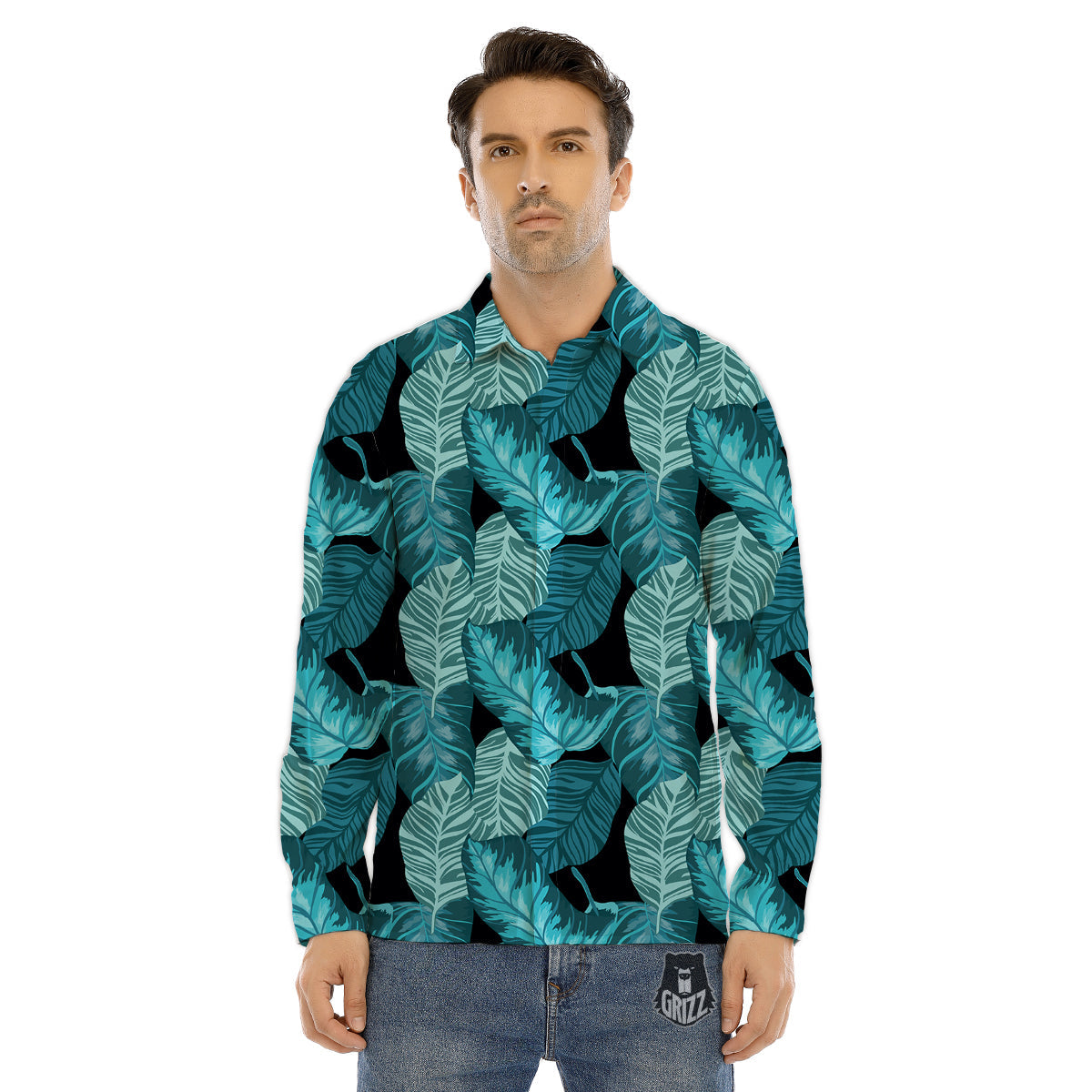 Banana Leaf Turquoise Print Pattern Men's Dress Shirts-grizzshop