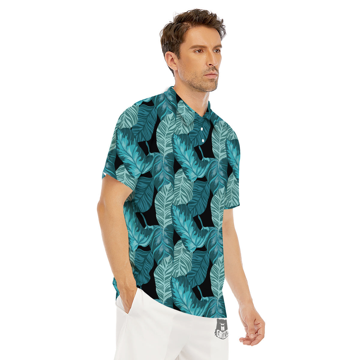 Banana Leaf Turquoise Print Pattern Men's Golf Shirts-grizzshop
