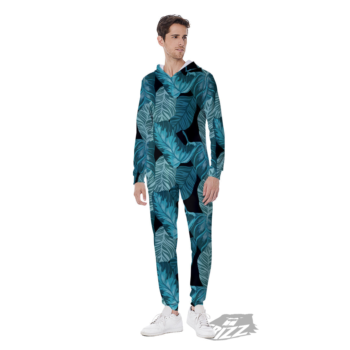 Banana Leaf Turquoise Print Pattern Men's Jumpsuit-grizzshop