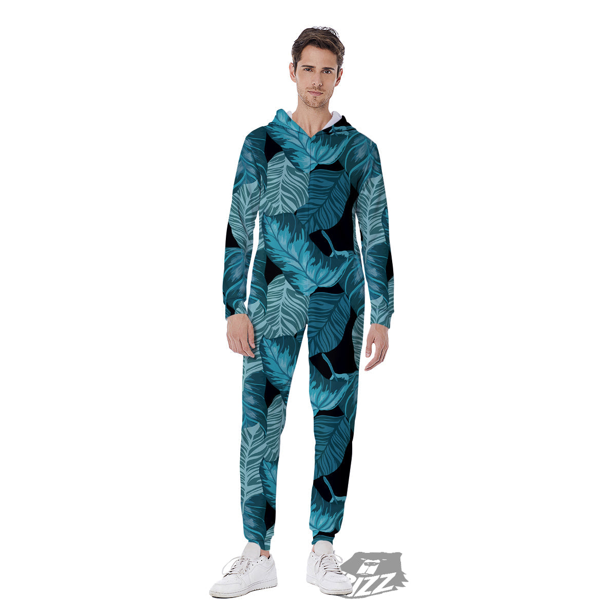 Banana Leaf Turquoise Print Pattern Men's Jumpsuit-grizzshop