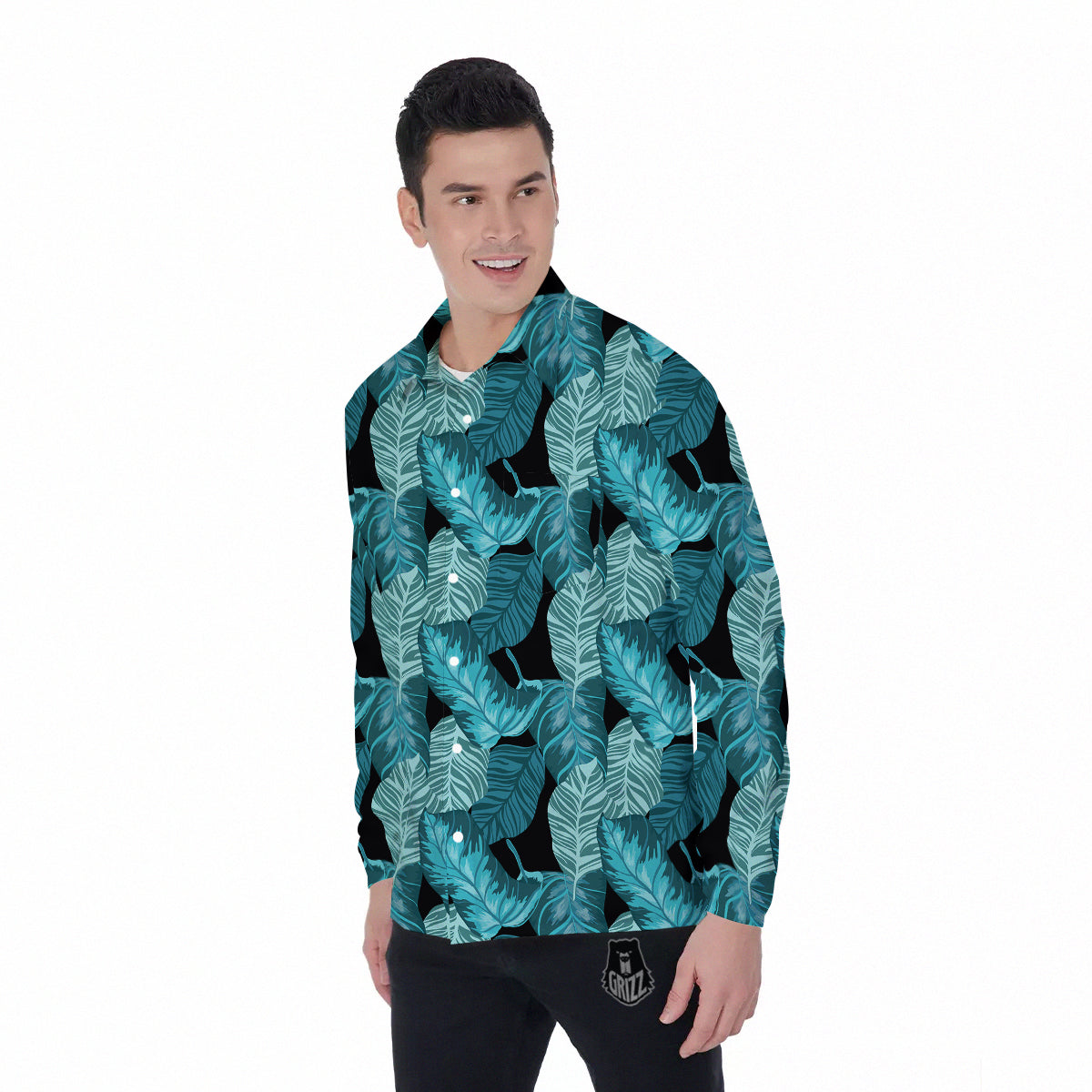 Banana Leaf Turquoise Print Pattern Men's Long Sleeve Shirts-grizzshop