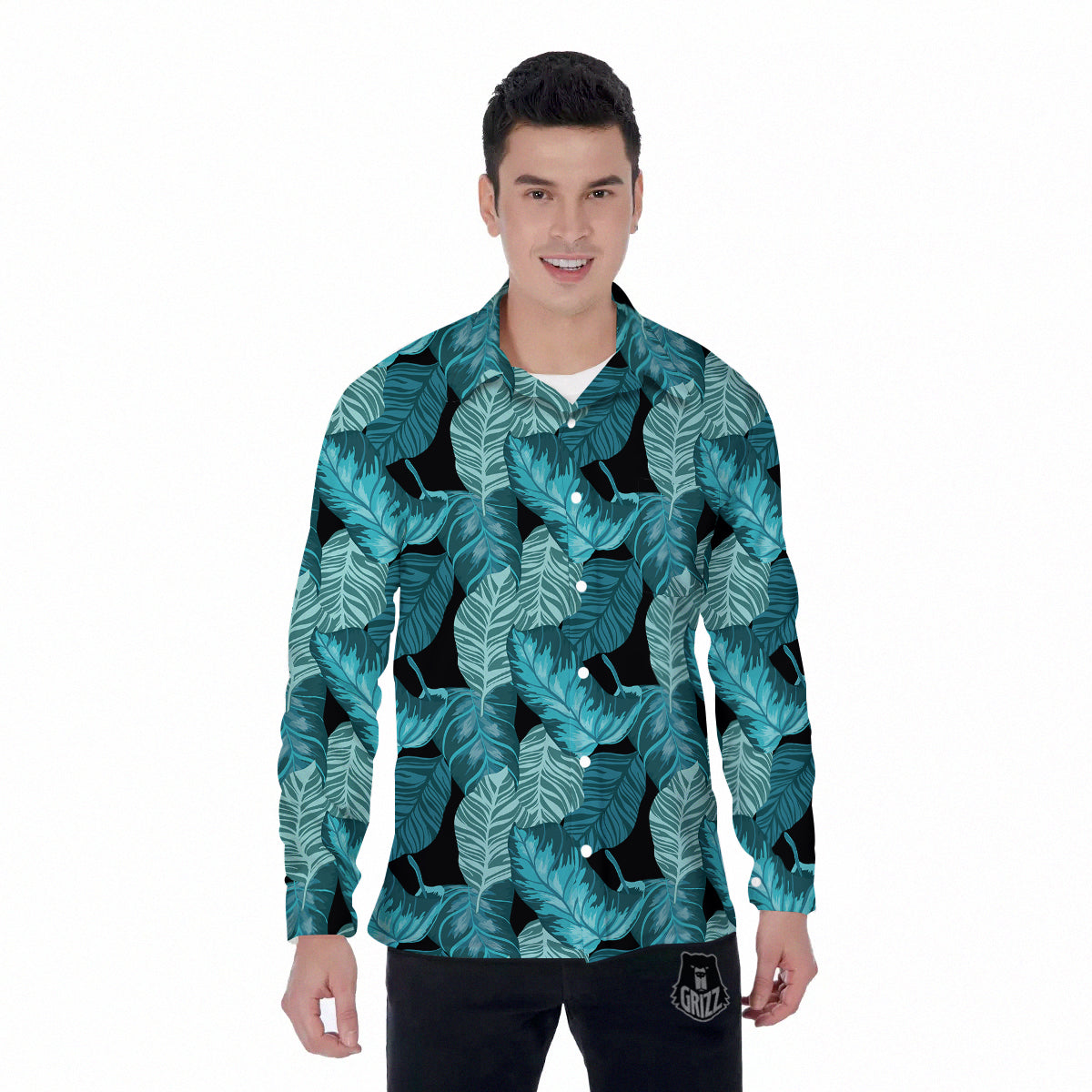 Banana Leaf Turquoise Print Pattern Men's Long Sleeve Shirts-grizzshop