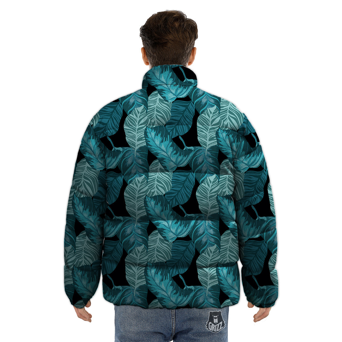 Banana Leaf Turquoise Print Pattern Puffer Jacket-grizzshop